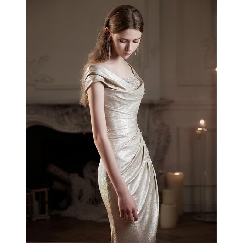 Off-Shoulder Glitter Ruched Trumpet Evening Gown