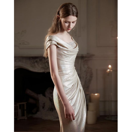 Off-Shoulder Glitter Ruched Trumpet Evening Gown