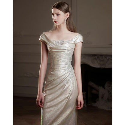 Off-Shoulder Glitter Ruched Trumpet Evening Gown
