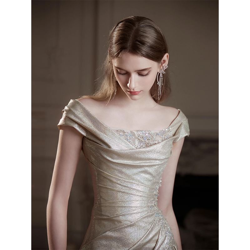 Off-Shoulder Glitter Ruched Trumpet Evening Gown