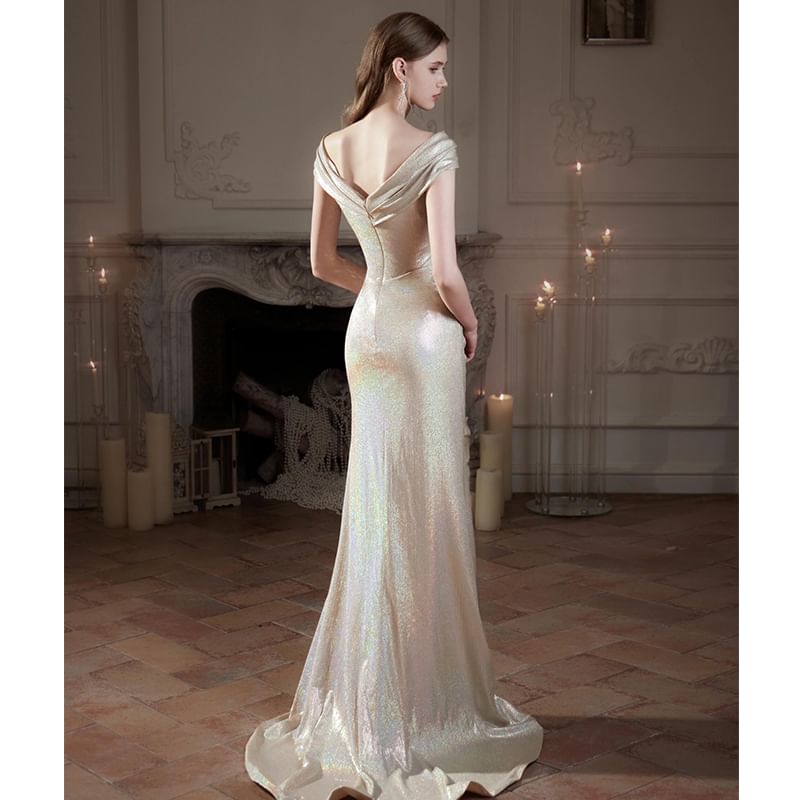 Off-Shoulder Glitter Ruched Trumpet Evening Gown