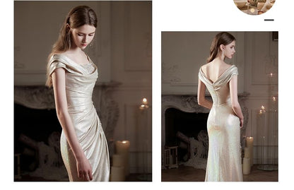 Off-Shoulder Glitter Ruched Trumpet Evening Gown