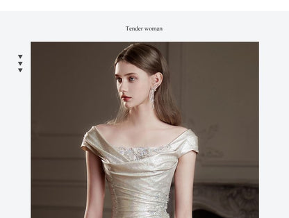 Off-Shoulder Glitter Ruched Trumpet Evening Gown