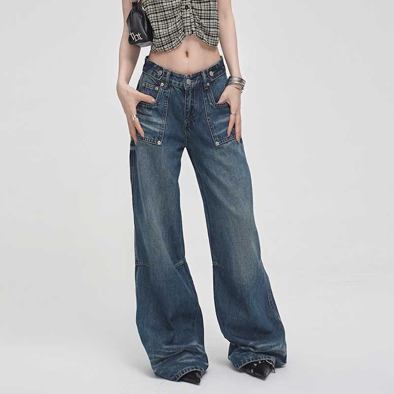 Low Rise Washed Straight-Fit Wide-Leg Jeans