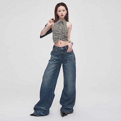 Low Rise Washed Straight-Fit Wide-Leg Jeans