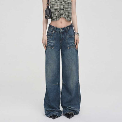 Low Rise Washed Straight-Fit Wide-Leg Jeans