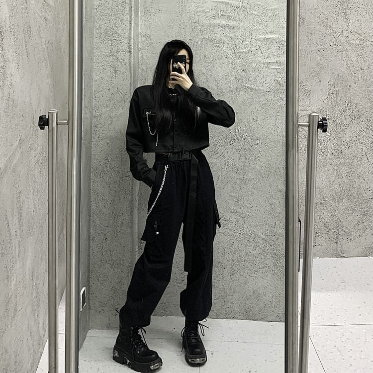 Long-Sleeve Plain Pocket Detail Drawstring Crop Shirt / High Rise Cropped Harem Cargo Pants