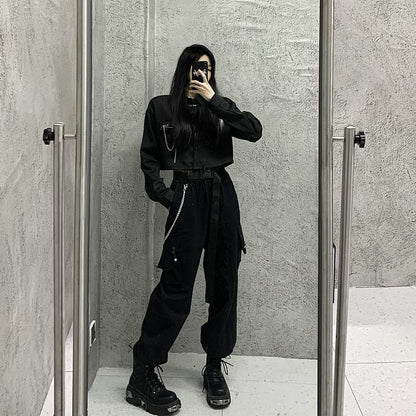 Long-Sleeve Plain Pocket Detail Drawstring Crop Shirt / High Rise Cropped Harem Cargo Pants