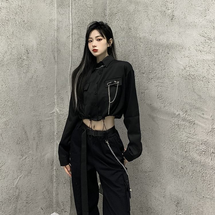 Long-Sleeve Plain Pocket Detail Drawstring Crop Shirt / High Rise Cropped Harem Cargo Pants