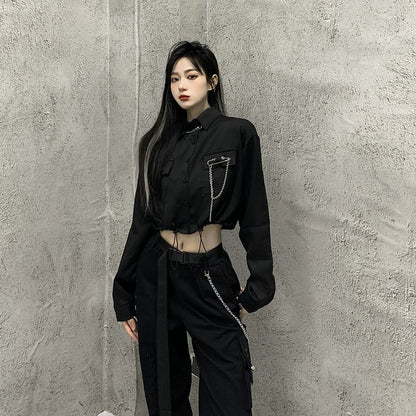 Long-Sleeve Plain Pocket Detail Drawstring Crop Shirt / High Rise Cropped Harem Cargo Pants
