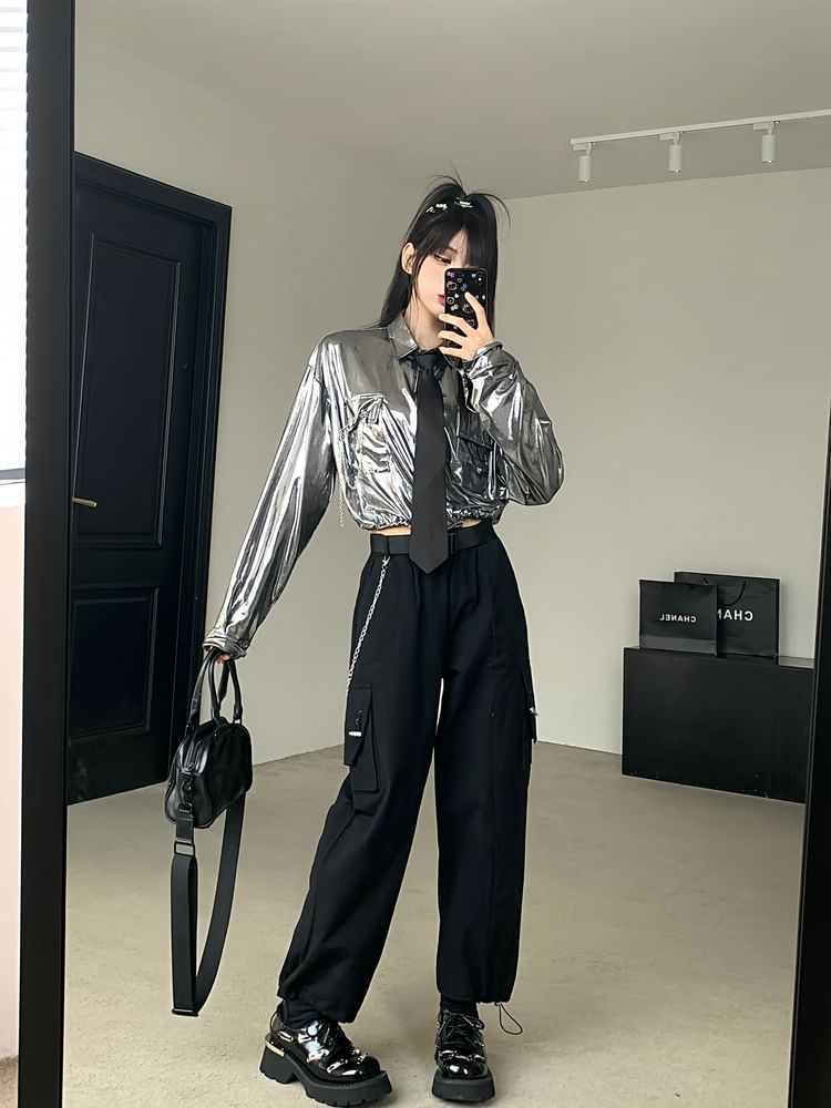 Long-Sleeve Plain Pocket Detail Drawstring Crop Shirt / High Rise Cropped Harem Cargo Pants