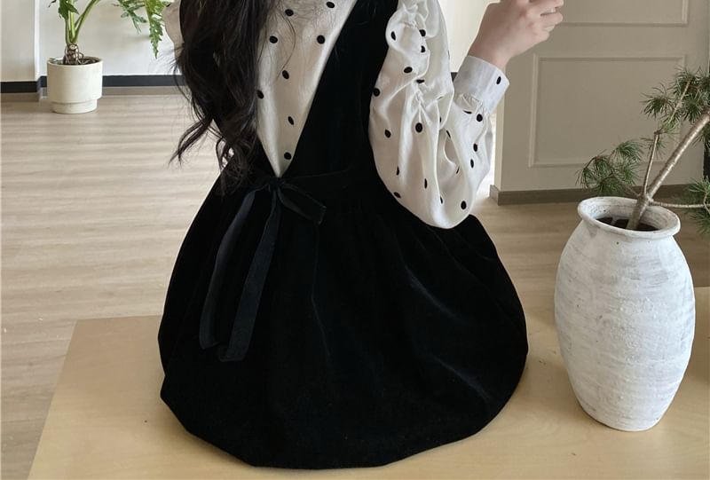 Long-Sleeve Crew Neck Dotted Blouse / Square Neck Plain Velvet Mini A-Line Jumper Dress