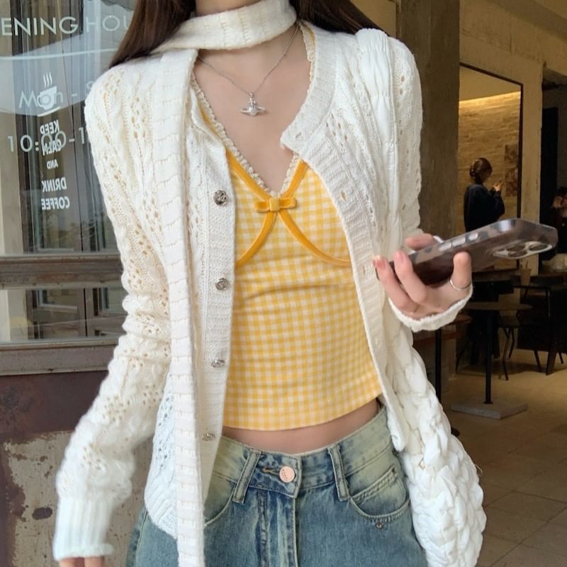 Long-Sleeve V-Neck Gingham Lace Trim Crop T-Shirt / Round Neck Plain Perforated Button-Up Cardigan / Skinny Scarf / Set