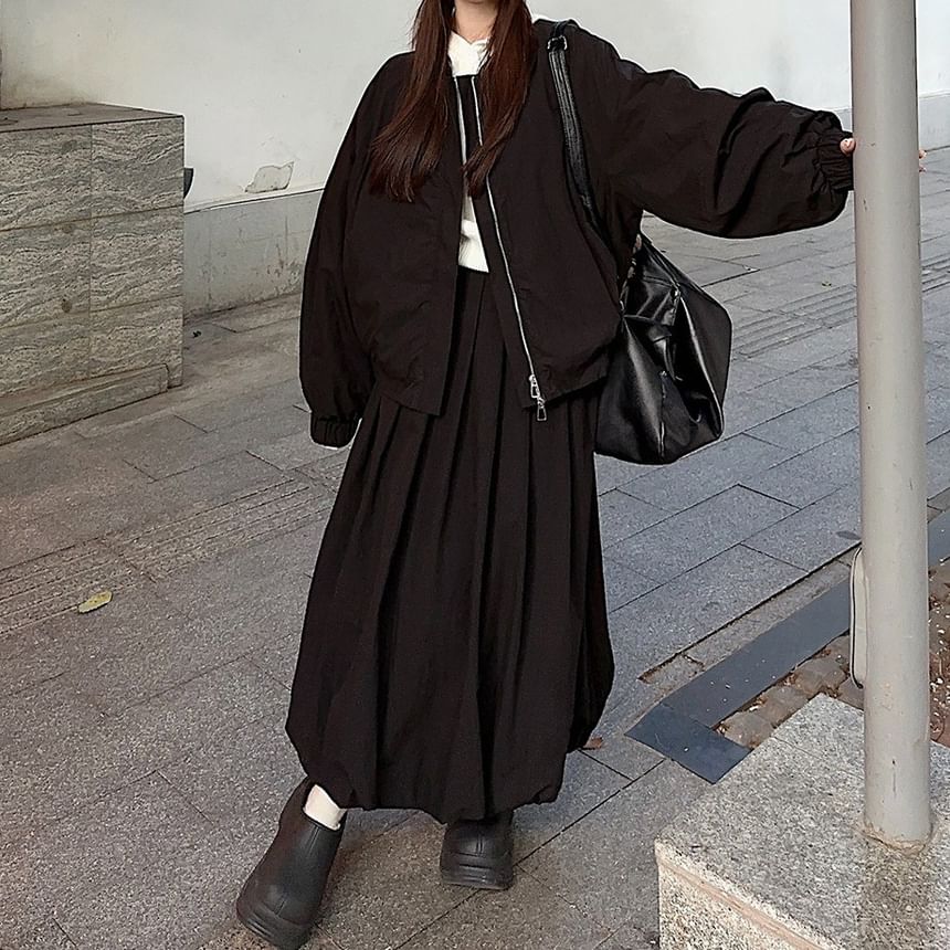 Plain Zip-Up Bomber Jacket / High Rise Pleated Maxi A-Line Skirt