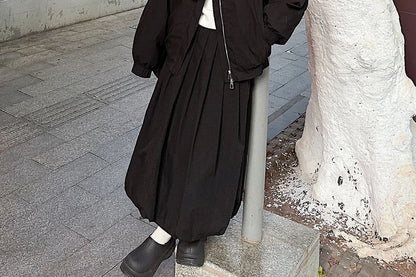 Plain Zip-Up Bomber Jacket / High Rise Pleated Maxi A-Line Skirt