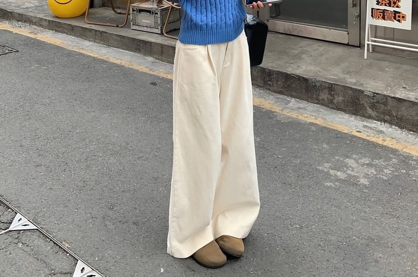 V-Neck Plain Cable Knit Sweater / High Waist Wide Leg Pants