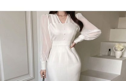 Long Sleeve V-Neck Plain Tie Back Button Panel Mesh Maxi Sheath Dress