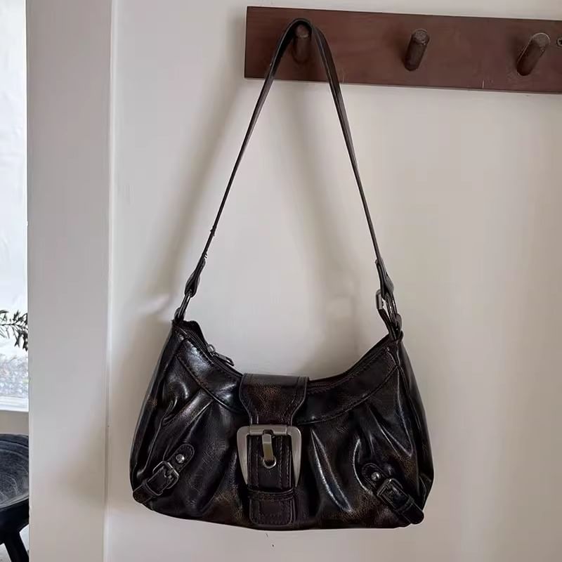 Buckled Faux Leather Shoulder Bag