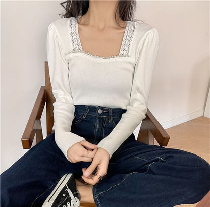 Square Neck Crop Top with Lace Hem and Long Sleeves