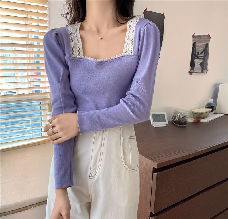 Square Neck Crop Top with Lace Hem and Long Sleeves