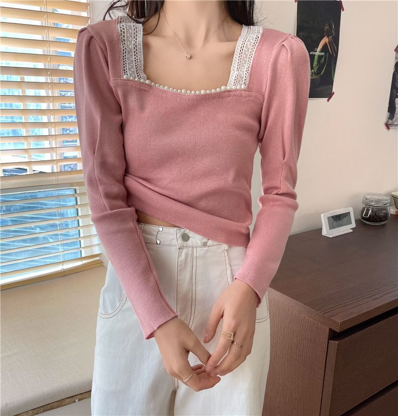 Square Neck Crop Top with Lace Hem and Long Sleeves