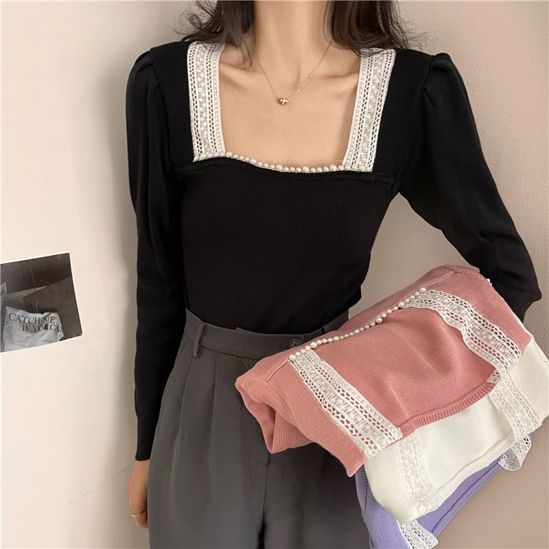 Square Neck Crop Top with Lace Hem and Long Sleeves