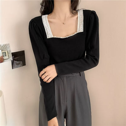Square Neck Crop Top with Lace Hem and Long Sleeves
