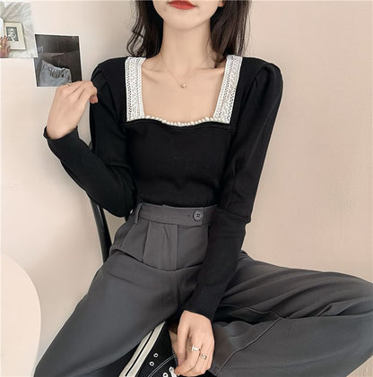 Square Neck Crop Top with Lace Hem and Long Sleeves