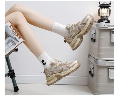 Mesh Panel Lace-Up Platform Sneakers