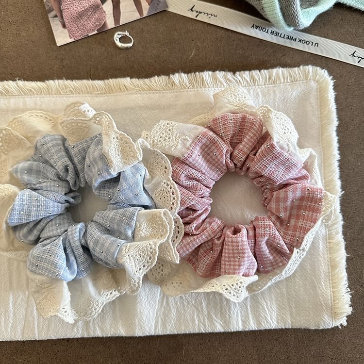 Lace-Trim Plaid Scrunchie