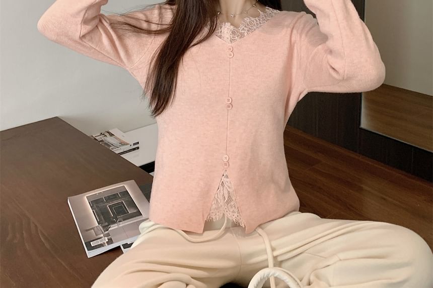 Long-Sleeve V-Neck Plain Lace Panel Button Accent Knit Top