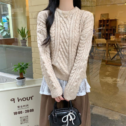 Crew Neck Plain Cable Knit Sweater