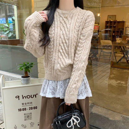 Crew Neck Plain Cable Knit Sweater