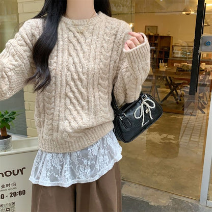 Crew Neck Plain Cable Knit Sweater
