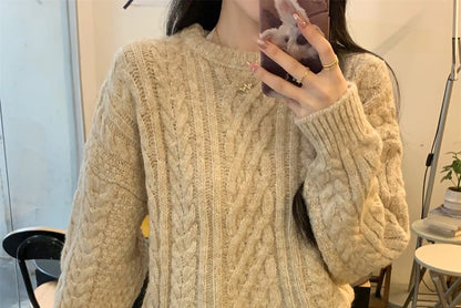 Crew Neck Plain Cable Knit Sweater