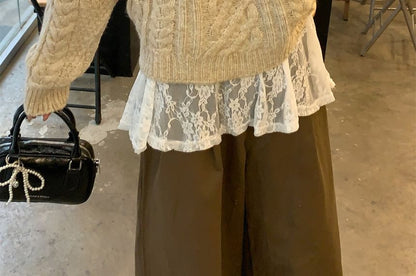 Crew Neck Plain Cable Knit Sweater