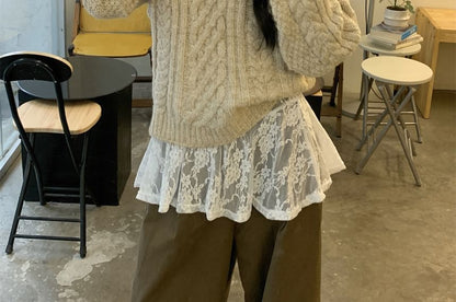 Crew Neck Plain Cable Knit Sweater