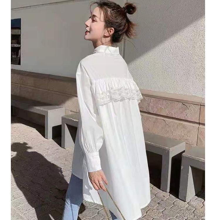 High-Low Lace Trim Tunic with Extended Sleeves