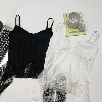 Slim Fit Crop Cami with V-Neck and Lace Panel