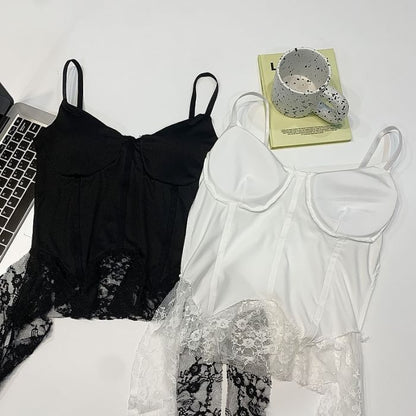 Slim Fit Crop Cami with V-Neck and Lace Panel