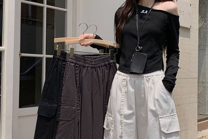 Elastic Waist Plain Baggy Cargo Pants