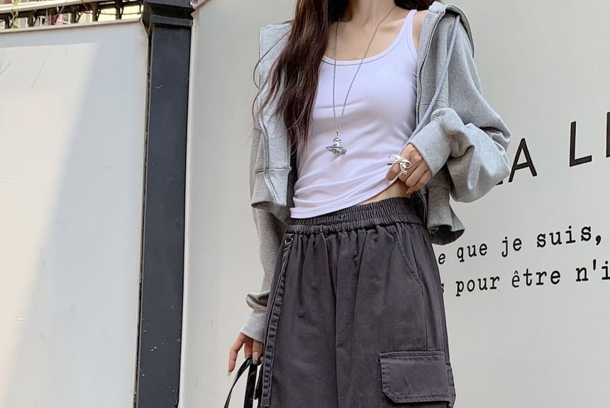 Elastic Waist Plain Baggy Cargo Pants