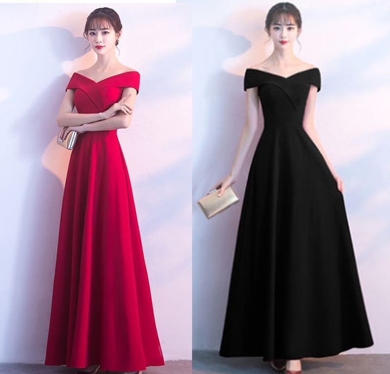 Evening Short Shoulder Off Gown Sleeve V-Neck Plain A-Line