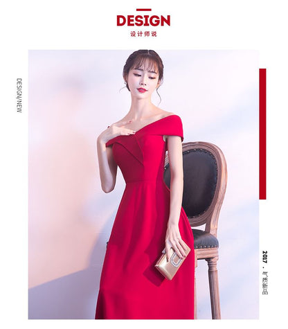 Evening Short Shoulder Off Gown Sleeve V-Neck Plain A-Line