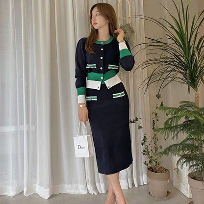 Color Block Button Cardigan & Mini Pencil Skirt Set
