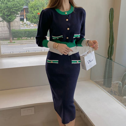 Color Block Button Cardigan & Mini Pencil Skirt Set