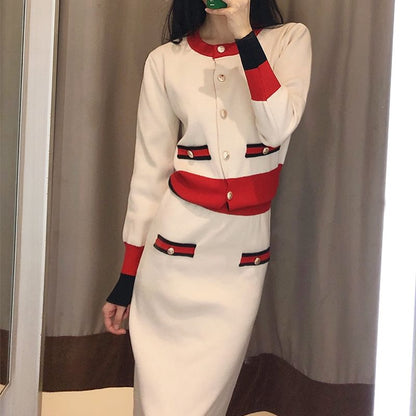 Color Block Button Cardigan & Mini Pencil Skirt Set