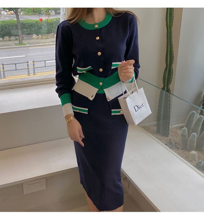 Color Block Button Cardigan & Mini Pencil Skirt Set