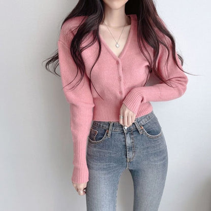 Crop V-Neck Plain Cardigan