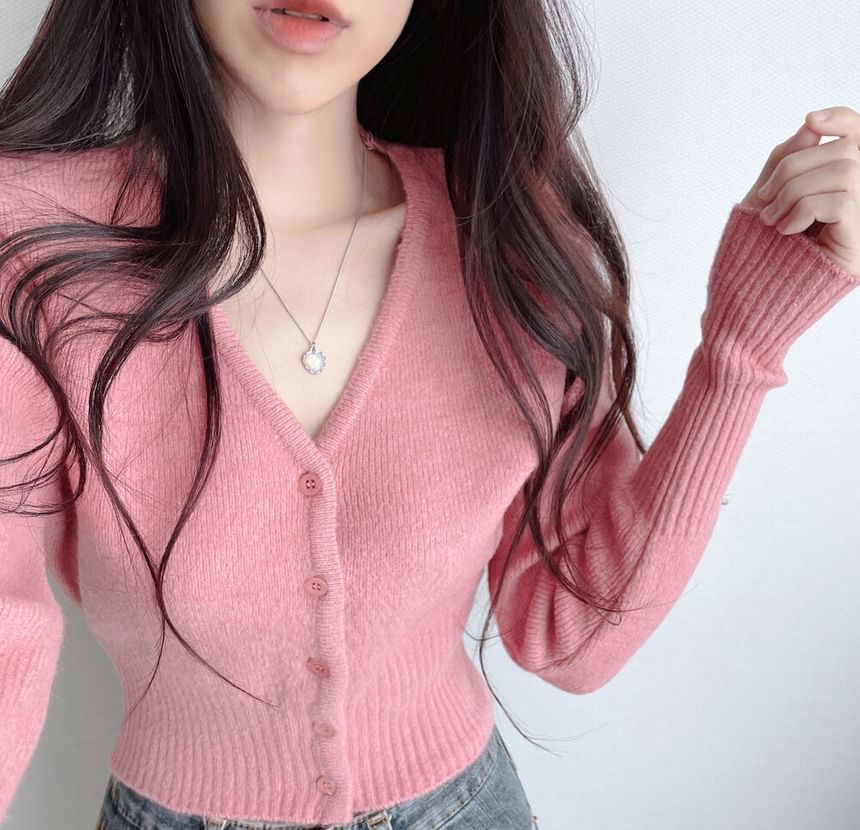 Crop V-Neck Plain Cardigan